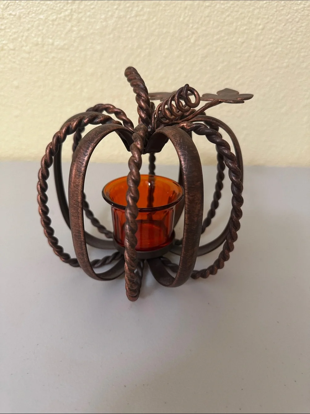 Pier 1 Bronze-Tone Twisted Metal Pumpkin Candle Holder with Amber Glass